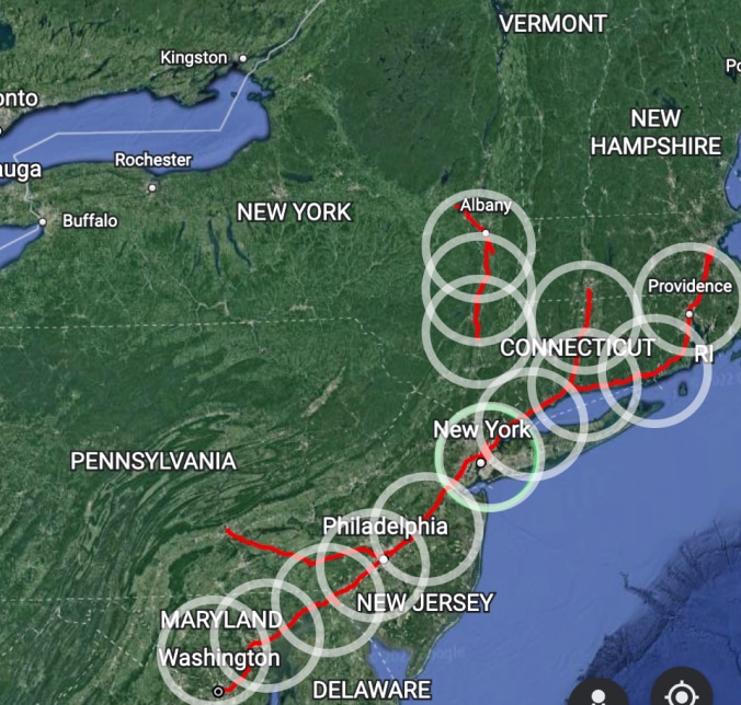 Map of Piper GPS Base Stations installed through the Northeast Corridor (NEC).