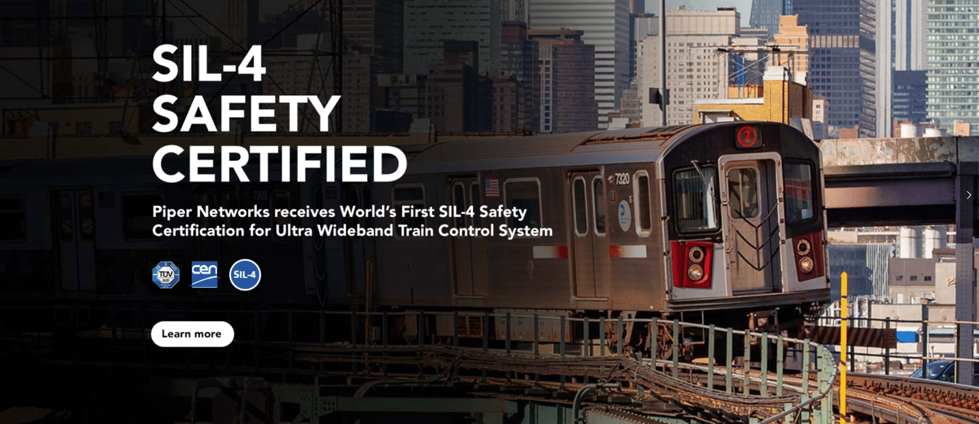 Piper Networks Receives SIL-4 Safety Certification for Ultra Wideband Train Control System